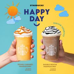 two people holding up starbucks drinks in front of a blue and yellow background with the words happy day