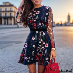 Olivia Mark - Embroidered Flower and Letter Short Dress Bohemian Mini Dress, Floral Embroidery Dress, Spring Wedding Guest Dress, Grace Loves Lace, Lace Dress With Sleeves, Red Handbag, Mini Robes, Beauty Dress, Vestidos Vintage