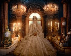 a woman in a wedding dress standing on stairs with candles around her and an ornate clock behind her