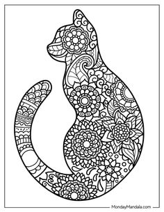 a black and white drawing of a cat with intricate designs on it's back