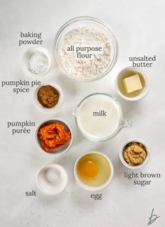 ingredients to make pumpkin pie laid out in bowls on a white surface with words describing the ingredients