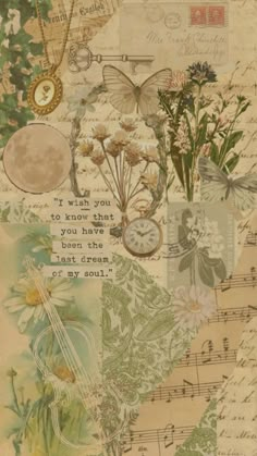 an altered collage with flowers, butterflies and music notes is featured in this image