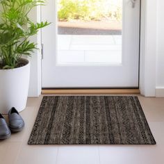 a pair of black shoes sitting on top of a door mat next to a potted plant