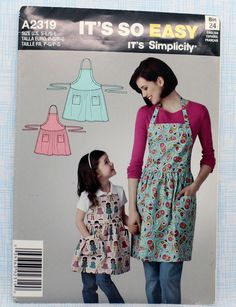 an adult and child's apron sewing pattern on the cover of a book, it's so easy