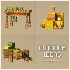 four different views of an outdoor table made out of lego blocks and wood planks