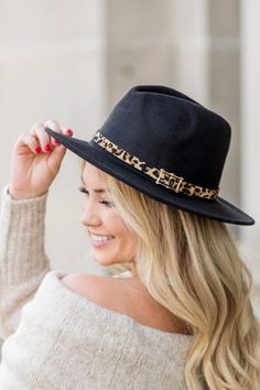 Complete all your fall and winter looks with our trendy leopard buckle accent fedora hat! 65% Cotton/35% polyester leopard buckle accent. Circumference: 22" Brim length: 2.75" Height: 4.75" cap Tassel Keyring, Morgan Taylor, Ladies Hats, Wool Fedora, Military Hat, Black Baseball Cap, Ultimate Gift Guide, Bohemian Clothing, Girls Top