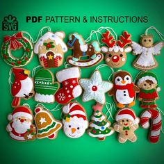 a bunch of decorated christmas cookies sitting on top of a green surface with the words pattern and instructions written below