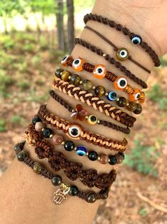 Fall Bracelets-evil Eye Bracelet Brown Evil Eye Brown Fashion - Etsy Israel Brown Evil Eye, Butterfly Bracelets, Bracelets Hippie, Autumn Bracelet, Jewelry Butterfly, Grunge Jewelry, Earthy Jewelry, Indie Jewelry, Estilo Hippie