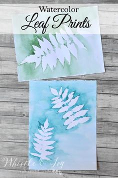 two watercolor leaf prints are displayed on a wooden background with the words, watercolor leaf prints