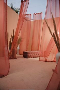 an outdoor area with pink sheer curtains and potted plants in the center, surrounded by sand