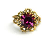 Vintage Mid Century Gold Brass Pink Fuchsia Rhinestone Flower Ring - Cocktail Dinner - Adjustable - Signed WEST GERMANY Rhinestone Flower, Gold Brass, West Germany, Flower Ring