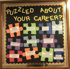 a bulletin board with puzzles on it that says, puzzled about your career?