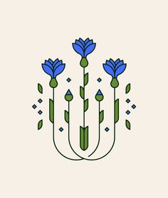 blue flowers with green stems and leaves on a white background in the style of art deco