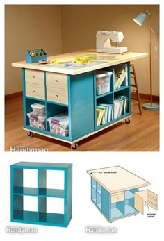 an image of a sewing table with drawers and shelves on wheels in different colors, shapes and sizes