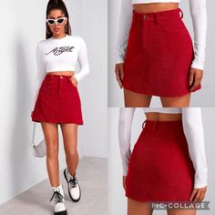 Work 90s Vibes Into Your Look With This Cute Co-Ord Skirt. Featuring A Deep Red Corduroy Fabric, Super Soft, With A Button & Zipper Fastening And Front Pocket Detailing! Style This A-Like Mini With A Slogan Tee And Matching Cord Jacket For A Cool Everyday Vibe. High Waisted Style, Non Stretch Material, A-Line, Super Chic, Flattering, And Stylish! Size Xl, Fits More Like A Large In My Opinion, This Color/Style Is Sold Out Online. Brand New, Still In Package, Perfect Condition, Zero Flaws! Trendy Cotton Denim Skirt For Winter, Trendy Winter Cotton Denim Skirt, Red Cotton Skirt For Winter, Red Casual Mini Skort, Red Casual Mini Length Skort, Casual Red Mini Skort, Red Casual Skort For Fall, Trendy Red Skort, Red Trendy Mini Skirt For Spring