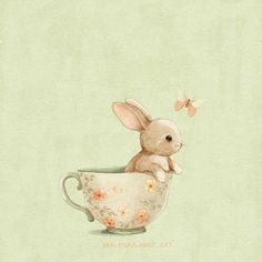 a painting of a bunny in a teacup with flowers and butterflies on the side