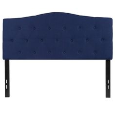 a blue headboard with black legs and buttons