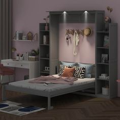 a bedroom with a bed, desk and bookshelf