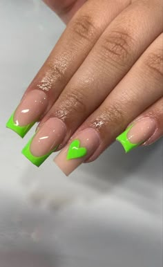 Square 2023 Nails, Trendy Nails For Wedding Guest, Short Like Green Nails, French Tip With Green Design, Lime Green Nails Short Square, Lime Green Nails Acrylics Design, Like Green Nails Short, Like Green Nails Art Designs, Nails With Lime Green Tips