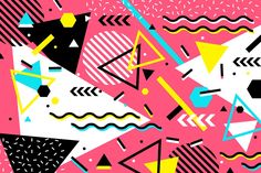 an abstract pattern with black, yellow and pink shapes on a bright pink background in the style of 80s's