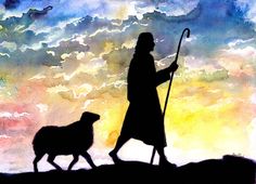 the shepherd is walking with his sheep in front of an artistic sky and clouds background