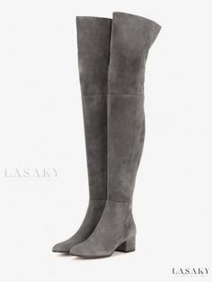 Lasaky - Stylish Suede Thigh High Boots with Brown Chunky Heel - Perfect for the Fashion-Conscious Elegant Gray Winter Boots, Elegant Full-length Knee-high Winter Boots, Chic Fitted Gray Boots, Elegant Fitted Gray Boots, Suede Thigh High Boots, Thigh High Suede Boots, Casual High Heels, Suede High Heels, Estilo Chic