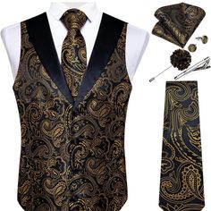 Dibangu Mens Paisley Suit Vest Silk Jacquard Waistcoat And Necktie Set Shawl Collar Dress Vest 7pcs For Tuxedo Wedding Party New! Elegant Brocade Suit For Party, Elegant Gold Tuxedo For Festive Occasions, Gold Fitted Three-piece Suit For Formal Occasions, Elegant Party Suit In Brocade, Elegant Brocade Party Suit, Elegant Gold Three-piece Suit For Formal Occasions, Elegant Gold Three-piece Suit For Formal Events, Gold Festive Elegant Tuxedo, Fitted Gold Suit For Holiday