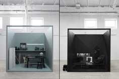 two photographs of an open room and one with a desk in the middle, both showing different rooms