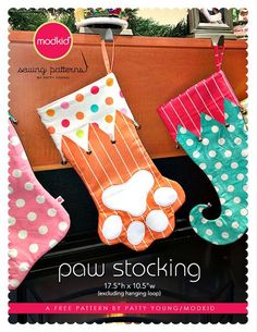 an advertisement for a stocking store with stockings hanging from the rack and polka dots on them