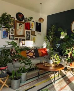 a living room filled with lots of plants and pictures on the wall above it's couch