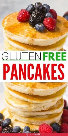 pancakes stacked on top of each other with berries and blueberries in the background text reads gluten free pancakes