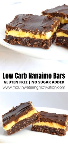 low carb no - bake banana and chocolate bars on a white plate