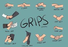 hands holding different types of grips on a blue background with the words grips written below it