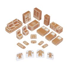 wooden cutouts of different types of furniture and kitchen items, including a bed, refrigerator, sink, microwave, oven, table with gingerbreads on white background