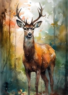 a painting of a deer standing in the woods