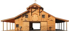 a large wooden barn with two doors and windows