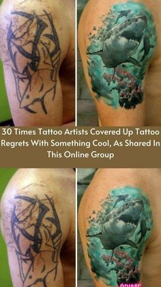 some tattoos that are on the back of someone's arm and chest, with different pictures