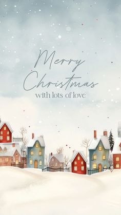 a christmas card with houses in the snow