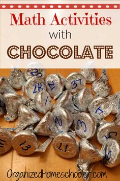 some chocolate candies are sitting on a table with the words, math activities with chocolate