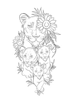 an adult tiger and her cubs surrounded by sunflowers on a white paper background