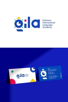 the logo for gila is shown on top of a blue and white business card