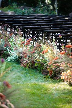 rows of black benches sitting on top of a lush green field