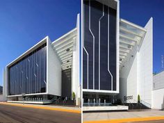 two photographs of the outside of a building with glass walls and stairs leading up to it