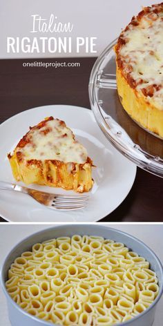 two pictures with different types of food on plates and in pans, one has lasagna pie