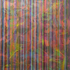 an abstract painting with vertical lines in the middle and colorful colors on it's surface