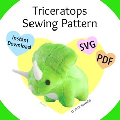 a green stuffed animal with hearts in the shape of a tricortops sewing pattern