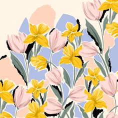 a bunch of yellow and pink flowers on a white background