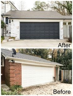 the before and after photos of a garage door that has been painted white with black trim