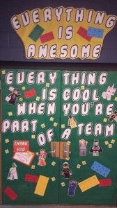 a bulletin board that has been decorated with legos and words on it, including the words everything is awesome