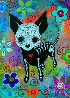 a painting of a chihuahua with flowers on it's head and the word love written in